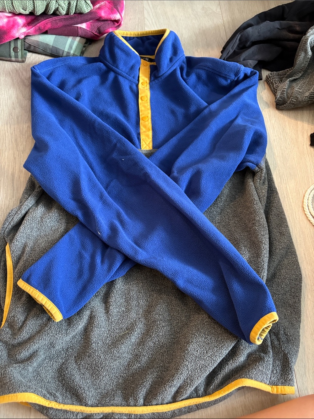 Blue and Gray Men’s Fleece Pullover with Yellow Trim